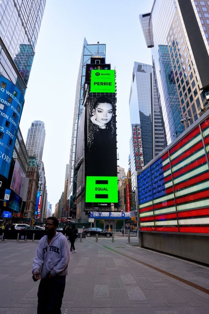 Spotify EQUAL Arabia’s First Female Ambassador Rap Star Perrie featured on a billboard at New York Times Square