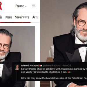Vanity Fair Faces Backlash for Editing Out Guy Pearce's Palestine Pin Vanity Fair Faces Backlash for Editing Out Guy Pearce's Palestine Pin