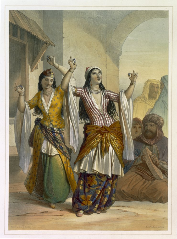 How Colonial Fantasies Turned Ghawazi Dancers into a Scandal: The True Story Behind Egypt’s Ghawazi Women Egyptian Dancing Girls Performing the Ghawazi at Rosetta, illustration from 'The Valley of the Nile', engraved by Achille Deveria (1800 57) pub. by Lemercier, 1848